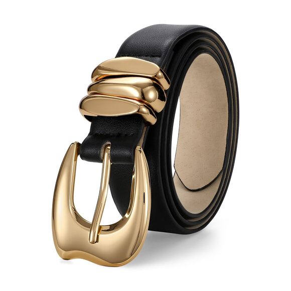 6217 Women's Leather Belt For Jeans Pants Fashion Faux Leather With Gold - Picture 2 of 7